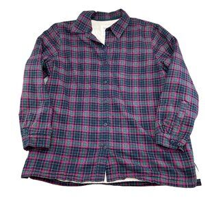 LL Bean Shacket Women Large 46 Pink Blue Plaid Fleece‎ Lined Cotton Jacket Chore